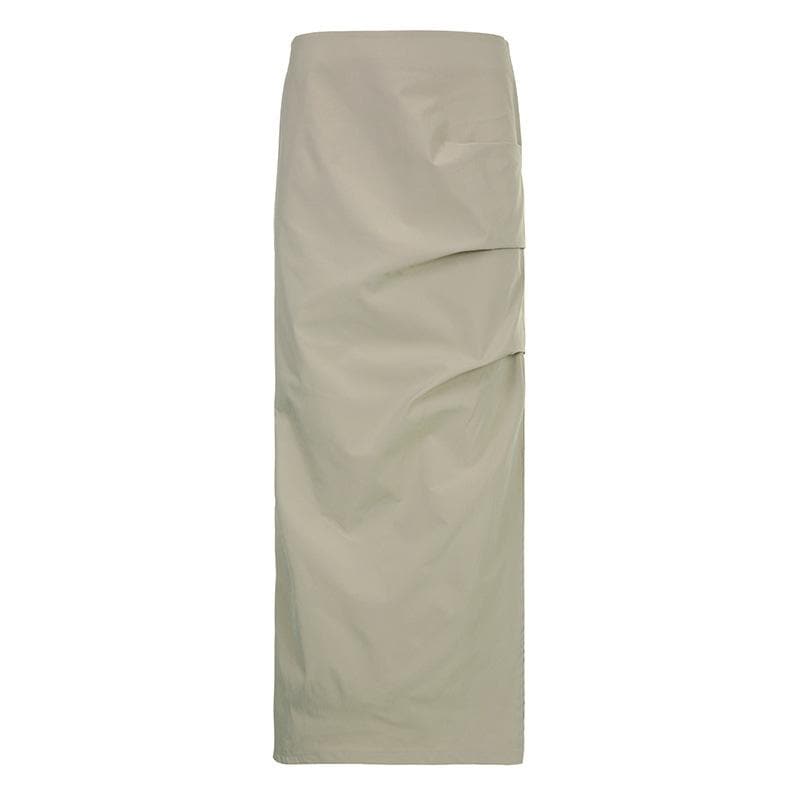 Ruched solid zip-up slit cargo maxi skirt