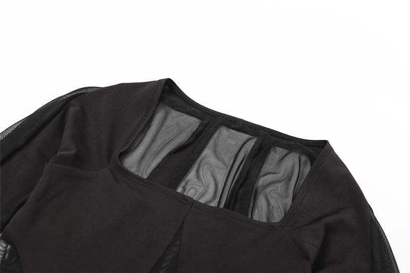 Square neck mesh patchwork long sleeve gloves bodysuit