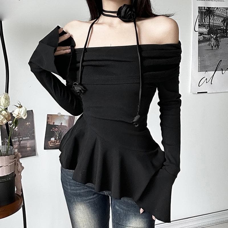 Off shoulder ruffle flower applique long flared sleeve ruched top