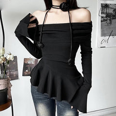 Off shoulder ruffle flower applique long flared sleeve ruched top