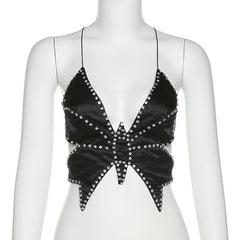 Butterfly beaded rhinestone cross open back top