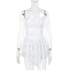 Ruffle bustier bowknot mesh lace up backless cami mini dress