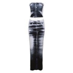 Contrast denim print slit backless tube maxi skirt set