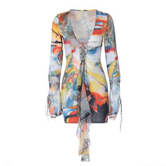 Lace up contrast flared sleeve self tie tie dye mini dress