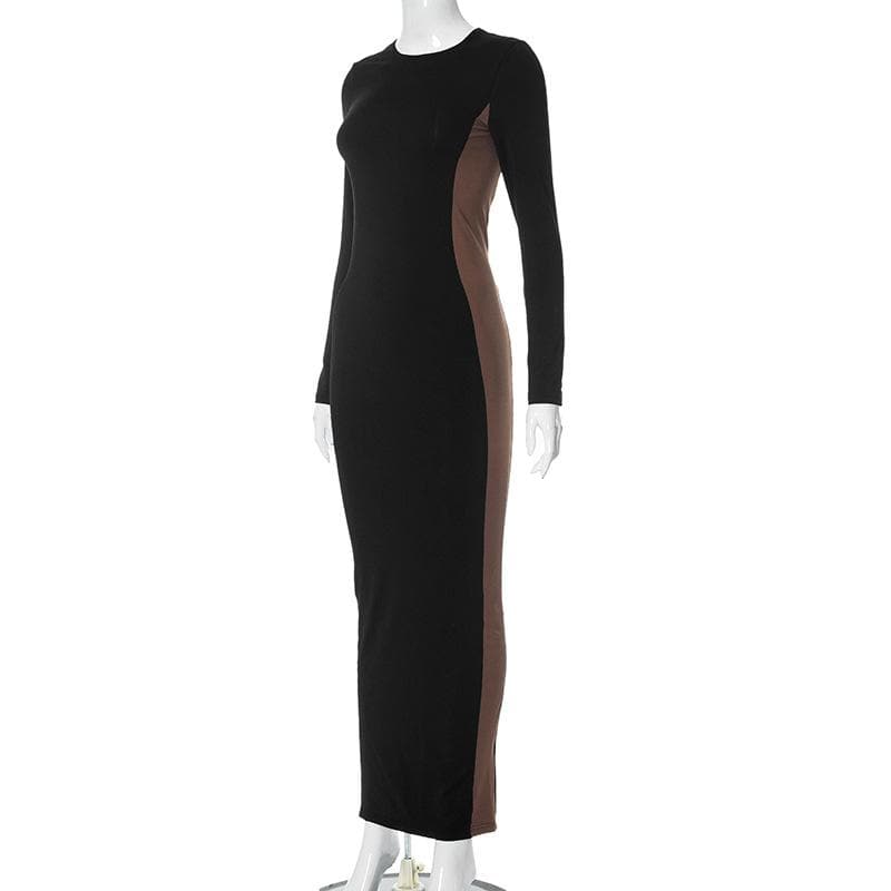 Patchwork contrast long sleeve slit crewneck maxi dress