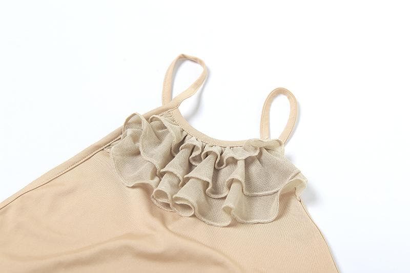 Cross back ruffle mesh patchwork ruched backless cami mini dress