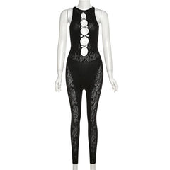 Hollow out lace crewneck button fishnet sleeveless solid jumpsuit