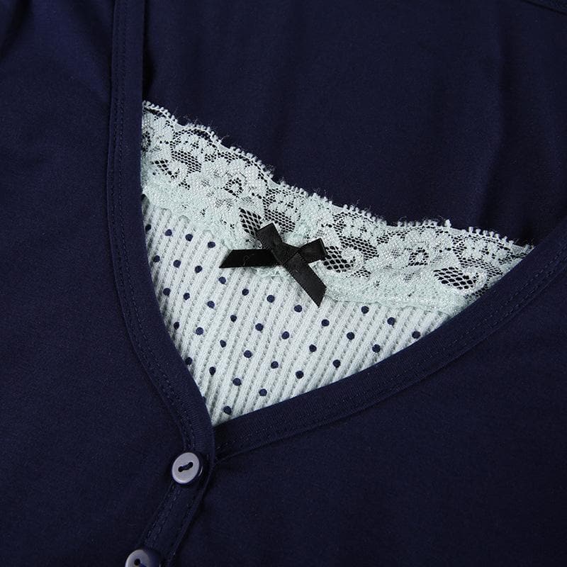 Polka dot patchwork long sleeve lace hem button top