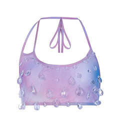 Sheer mesh tie dye stone pendant halter backless self tie crop top
