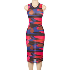 Sleeveless sheer mesh see through contrast print midi dress