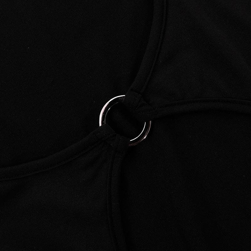 Solid long sleeve o ring hollow out u neck bodysuit