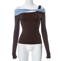 Patchwork long sleeve irregular off shoulder contrast top
