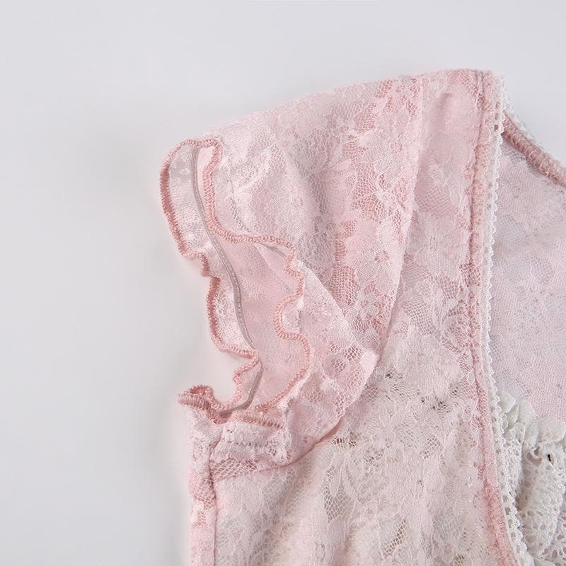 Square neck lace ruffled short sleeve bowknot top