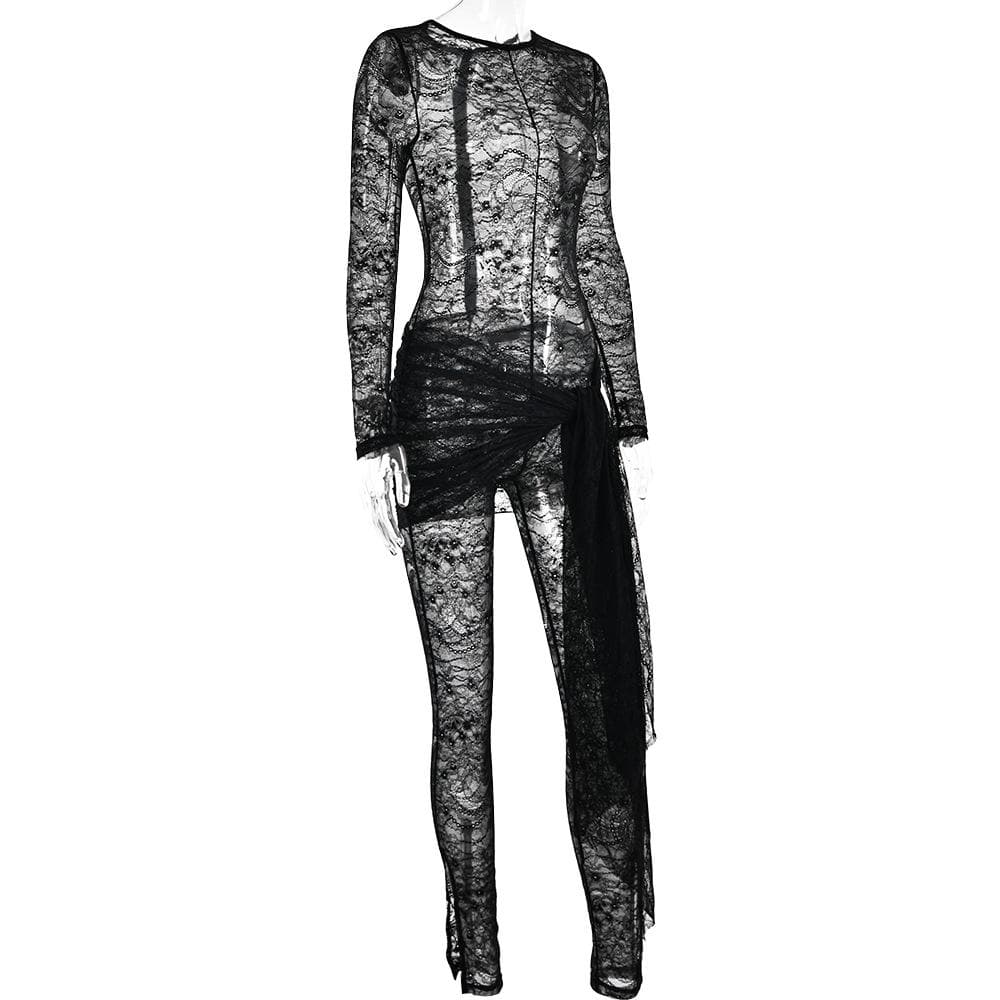 Lace see through long sleeve self tie zip-up jumpsuit