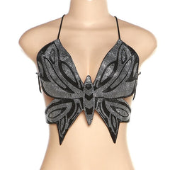 Beaded butterfly cross back contrast v neck lace up backless crop top