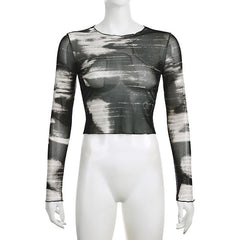 Sheer mesh see through ruffle long sleeve tie dye crop top