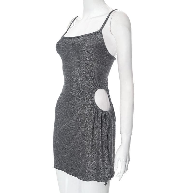 Backless hollow out drawstring ruched u neck textured mini dress