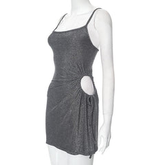 Backless hollow out drawstring ruched u neck textured mini dress