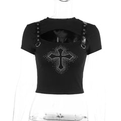 Short sleeve cross pattern beaded buckle hollow out crop top