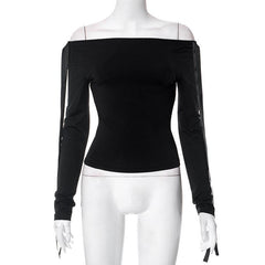 Bowknot solid long sleeve off shoulder 2-way top