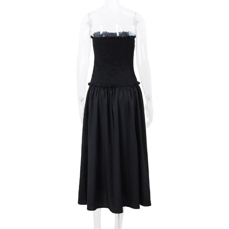 Smocked ruffle ruched lace up backless tube midi dress