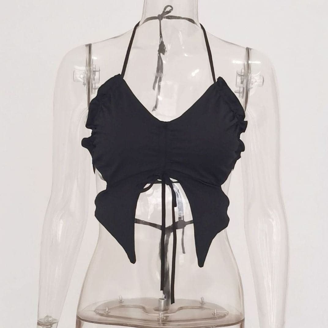 Double layered butterfly halter solid self tie backless top