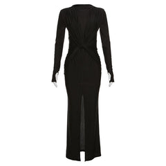 Knotted slit solid long sleeve ruched maxi dress
