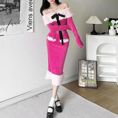 Off shoulder long sleeve furry slit bowknot midi skirt set