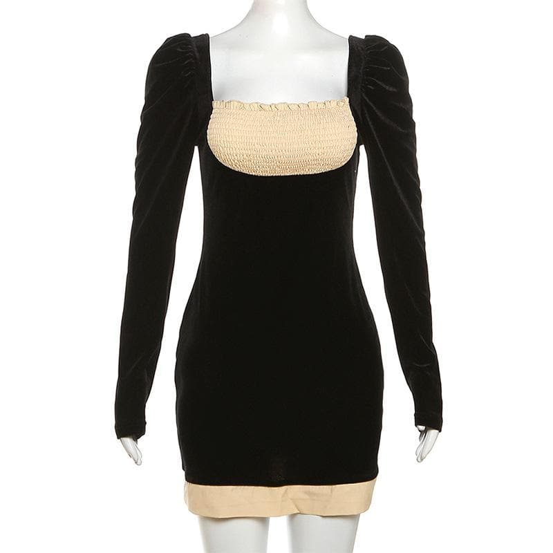 Smocked patchwork ruched contrast long sleeve velvet mini dress