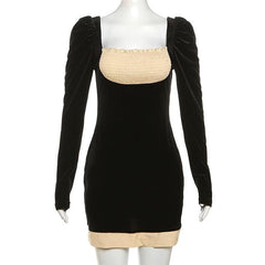 Smocked patchwork ruched contrast long sleeve velvet mini dress