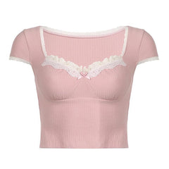 Cap sleeve lace hem textured contrast crop top