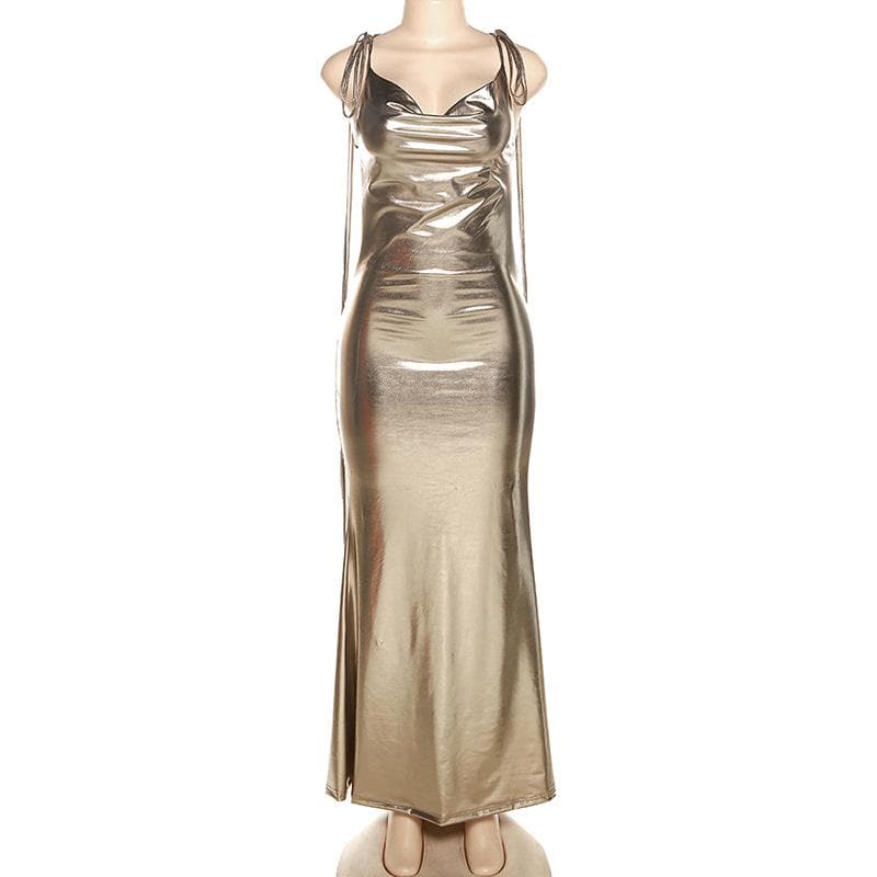 Metallic cowl neck cross back self tie ruched maxi dress