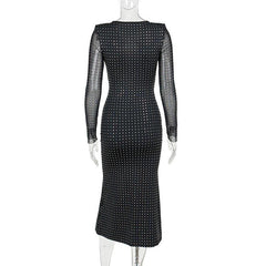 Polka dot contrast hollow out long sleeve mesh midi dress