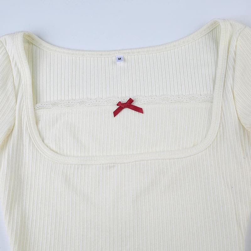 Ribbed patchwork square neck lace hem long sleeve crop top