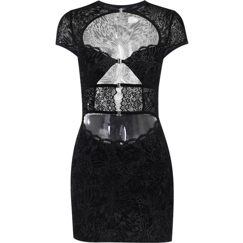 Button short sleeve hollow out textured mini dress
