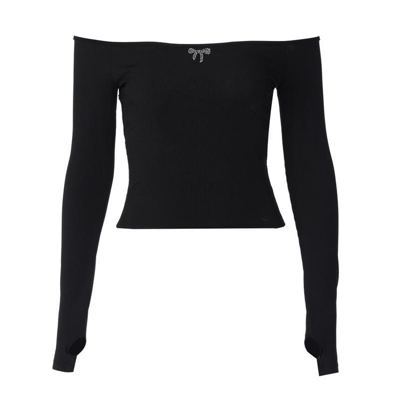 Off shoulder long sleeve gloves solid hollow out cut out top