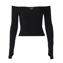 Off shoulder long sleeve gloves solid hollow out cut out top