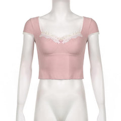 Cap sleeve lace hem textured contrast crop top