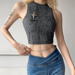 Sleeveless textured star applique hollow out solid crop cut out top