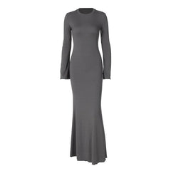 Ruffle solid long sleeve crewneck ribbed maxi dress