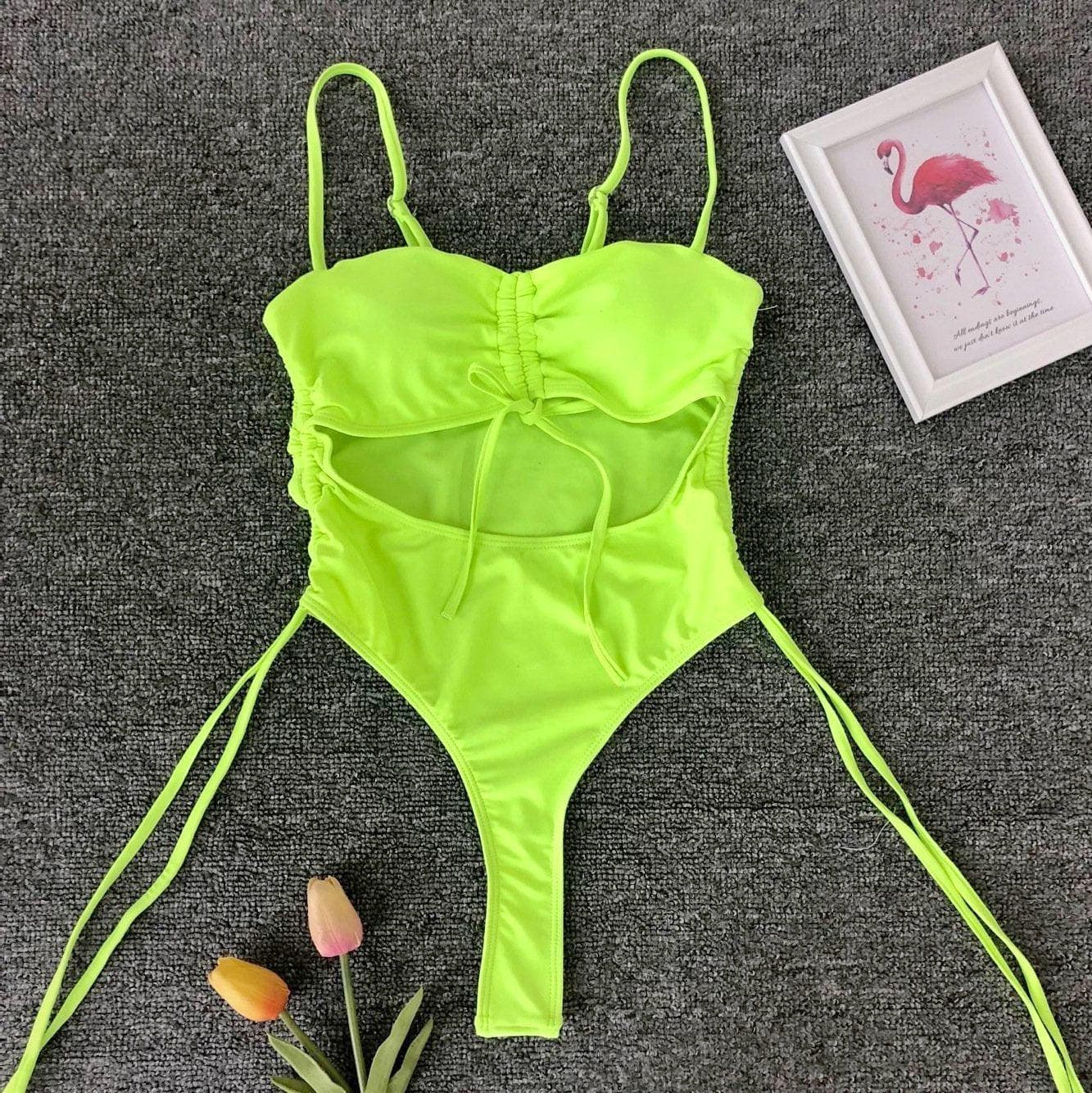 Hollow out drawstring one piece swimwear bikini