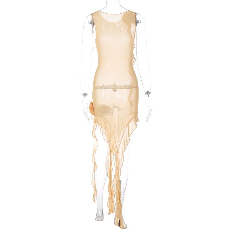 Ruffle sheer mesh see through flower applique ribbon sleeveless midi dress