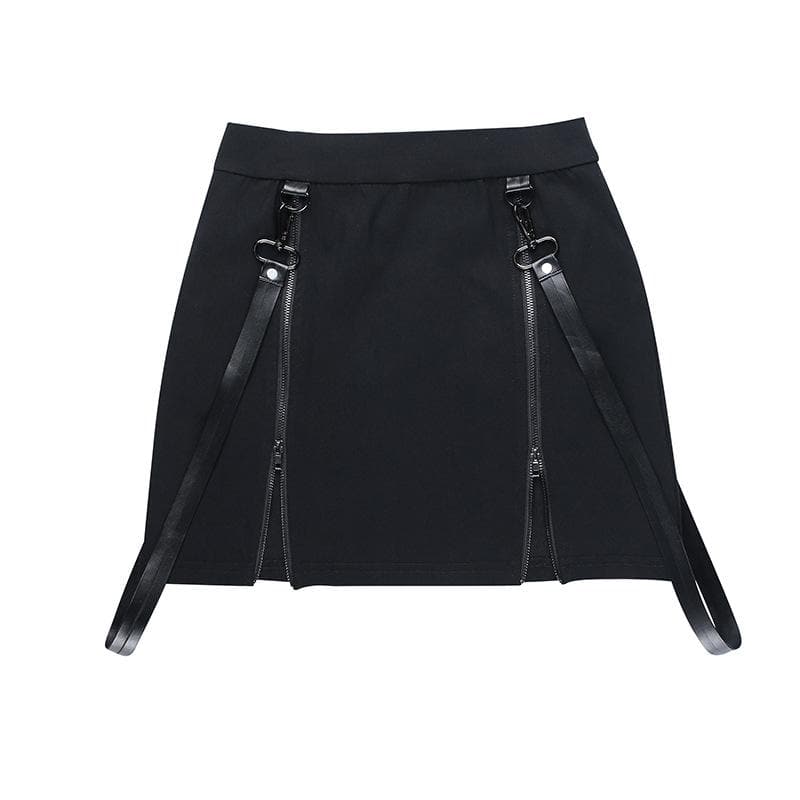 Solid zip-up ribbon medium rise mini skirt