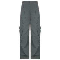 Solid zip-up low rise cargo pocket wide leg pant