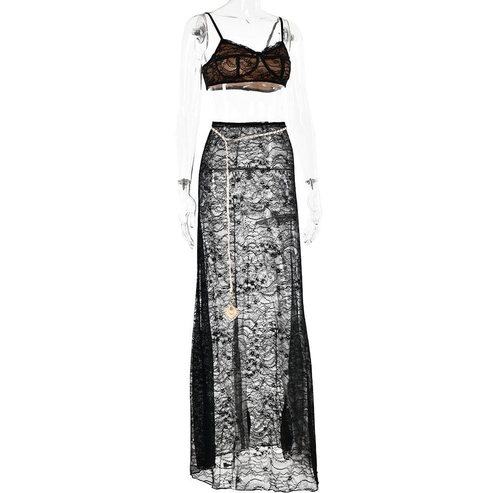 Lace see through v neck contrast cami maxi skirt set