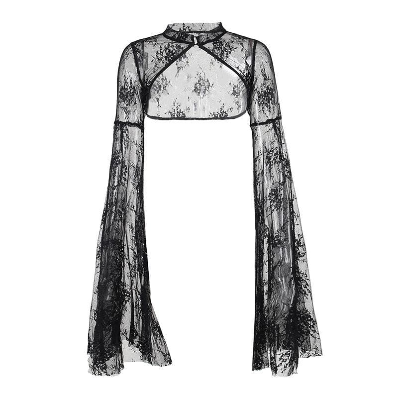 Button flared sleeve lace solid slit shrug crop top