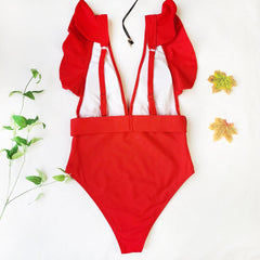 V neck ruffled one piece swimwear