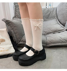 Ruffle faux pearl bowknot long socks