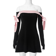 Bowknot contrast gloves long sleeve 3-way off shoulder mini dress