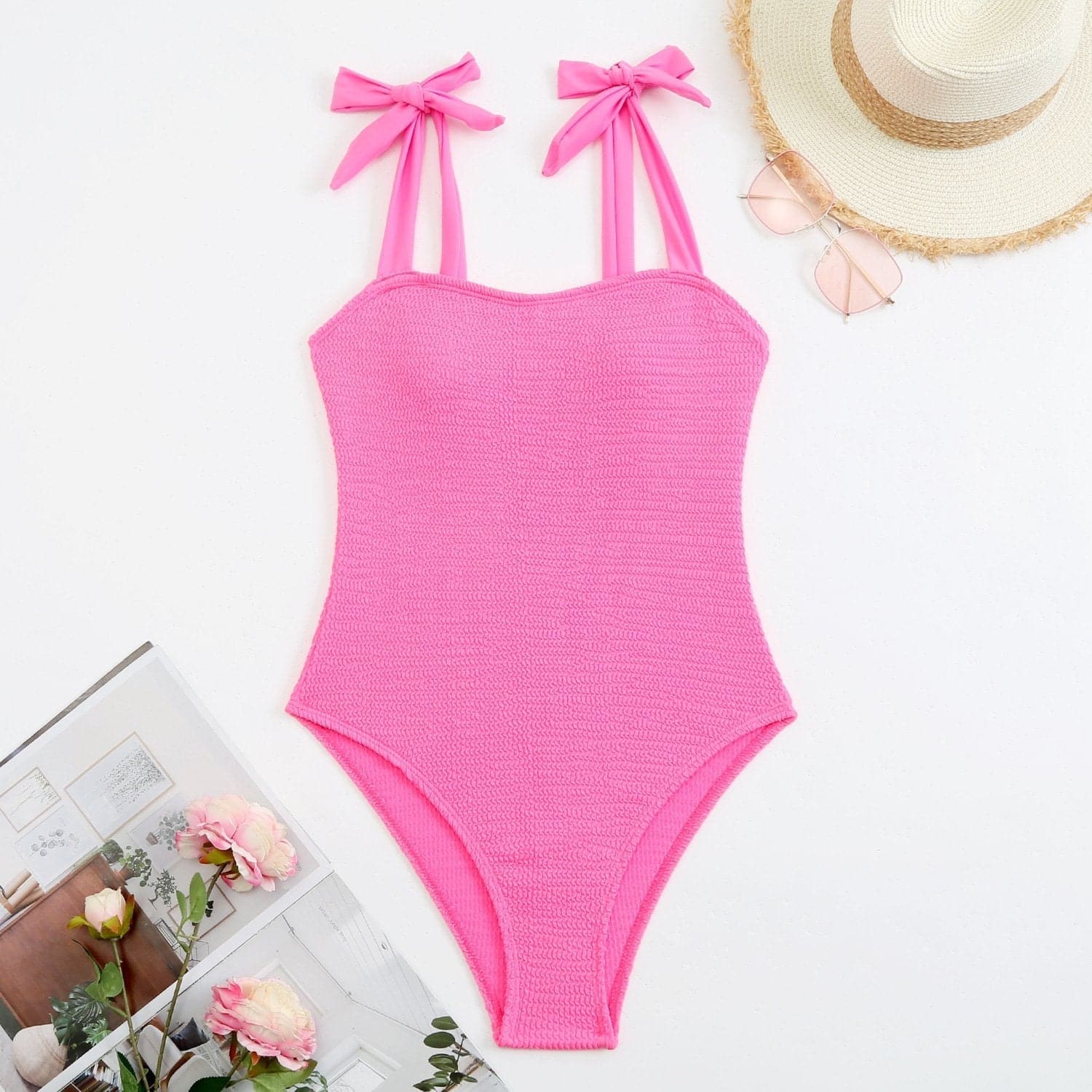 Textured self tie solid backless one piece swimwear